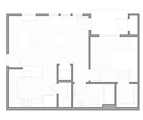 Floor plan for 1 bed, 1 bath, 608 sqft